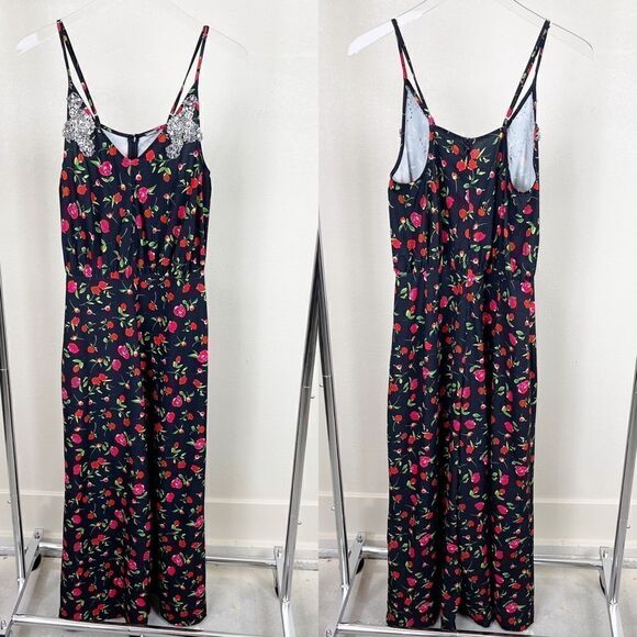 Dodo Bar Or Rhinestone Crystal Gem Jumpsuit Floral Red Pockets Wide Leg 2-4 - Picture 2 of 11